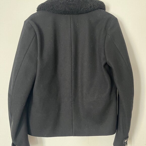 Shearling Trim Collar Black Wool Aviator Jacket - Picture 4 of 8